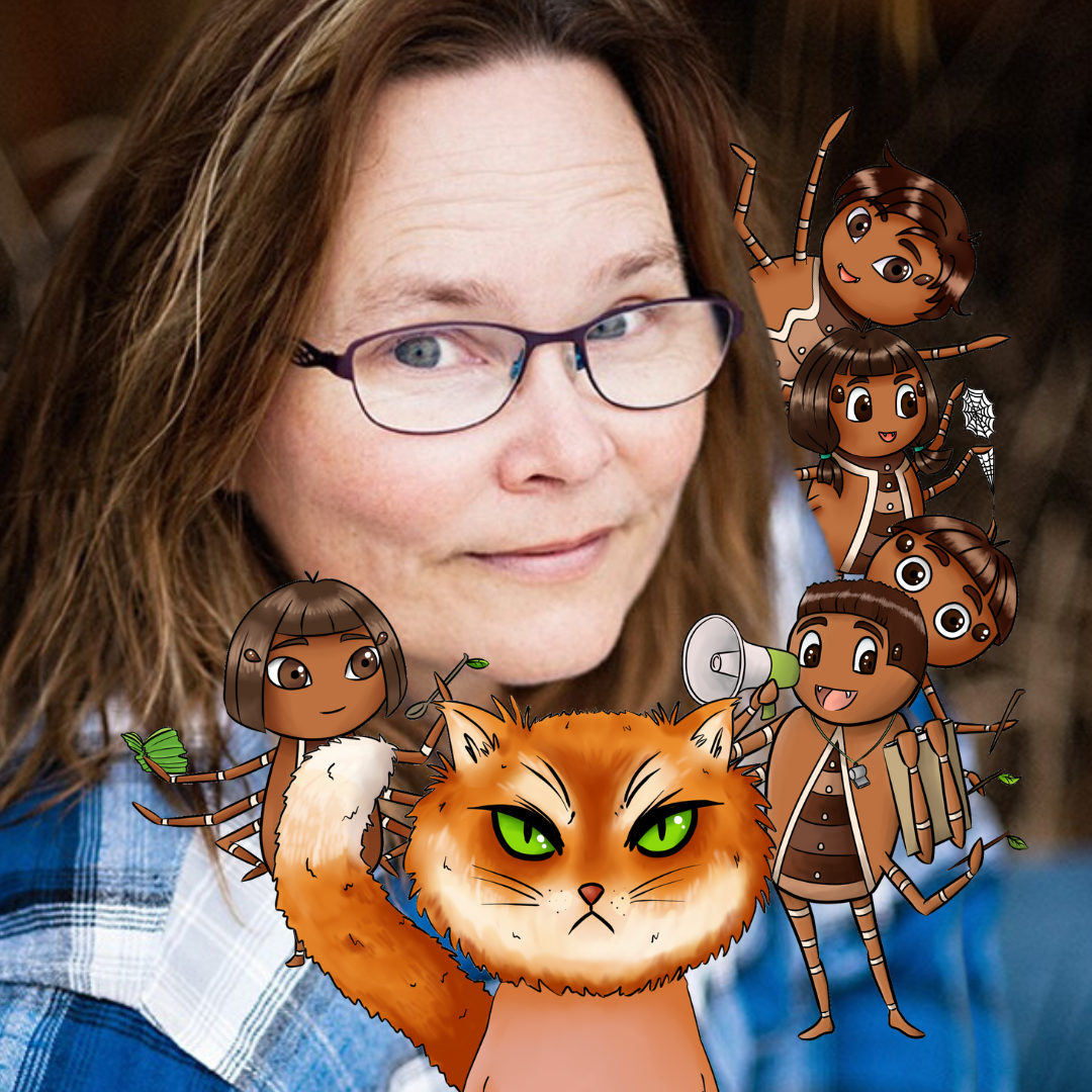 A writer is surrounded by cartoon spiders and an angry cartoon cat