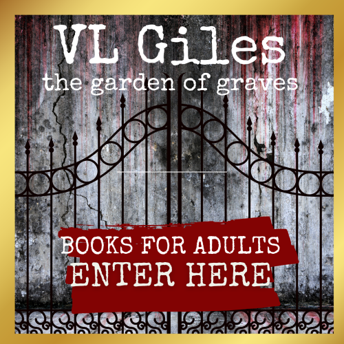 VL Giles, the Garden of Graves, an iron fence and the text that says Books for Adults enter here